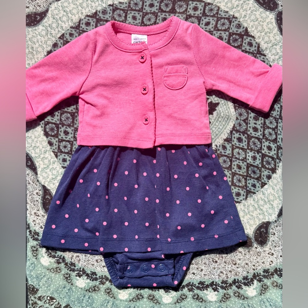 Carter's NWT Navy and Pink Polka Dot Baby Dress. Newborn